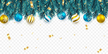 Festive Christmas or New Year Background. Christmas tree branches with holly berries, confetti and xmas balls. Holiday's Background. Vector illustration.のイラスト素材