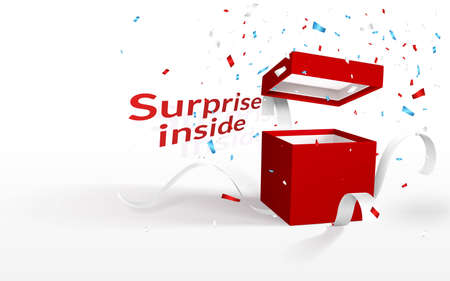 3D realistic open red gift box with bow. Paper box with ribbon, shadow and confetti isolated on white background. Vector illustration.のイラスト素材