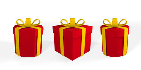 3D realistic red gift box with yellow ribbon and bow. Paper box on white background with shadow. Vector illustration.のイラスト素材