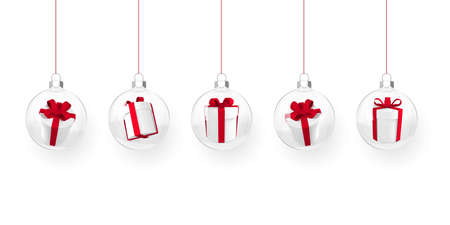 Red shiny glitter glowing and transparent Christmas balls with gift boxes inside. Xmas glass ball. Holiday decoration template. Vector illustration.のイラスト素材