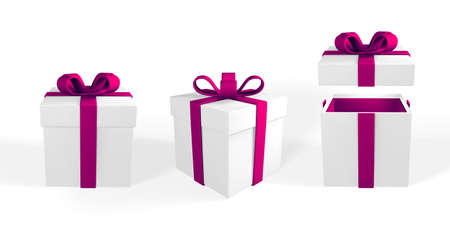 3D render realistic gift box with purple bow. Paper box with ribbon and shadow isolated on white background. Vector illustration.のイラスト素材