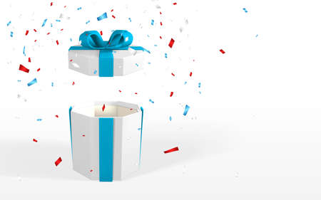 3D realistic white open gift box with blue bow. Paper box with ribbon, shadow and confetti isolated...