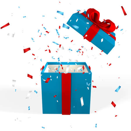 3D realistic open gift box with red bow. Paper box with ribbon, shadow and confetti isolated on...