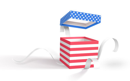 3D render realistic open gift box for USA Independence Day. Paper box with white ribbon and shadow isolated on white background. Vector illustration.のイラスト素材