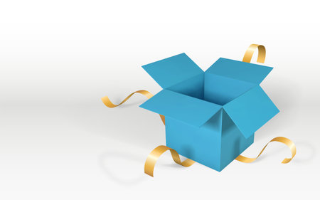 Open blue gift box with golden ribbon. Vector illustration.