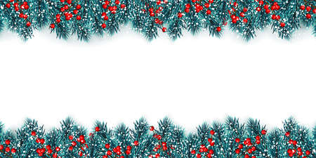Festive Christmas or New Year Background. Christmas tree branches with holly berries and xmas snow. Holiday's Background. Vector illustration.のイラスト素材