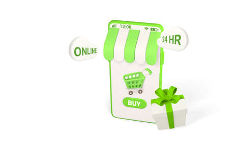 Online shopping concept. Realistic green 3d mobile phone with shopping cart and gift box. online store. vector illustration.のイラスト素材