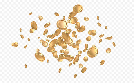 Realistic gold coins explosion isolated on transparent background. vector illustration.のイラスト素材