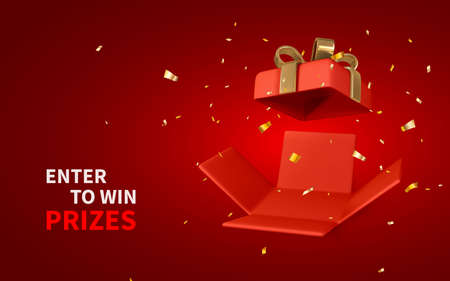 3D render and draw by mesh realistic open red gift box and confetti. Enter to Win Prizes. vector illustration.のイラスト素材