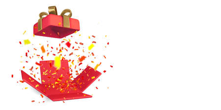 3D Open Red Gift Box and Confetti. christmas background. vector illustration.