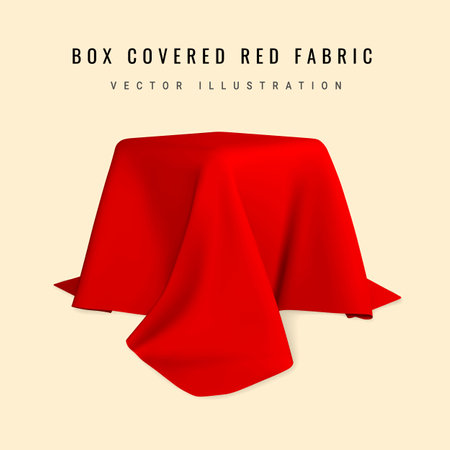 Square box covered with realistic red silk fabric isolated on light background. 3D realistic illustration. vector illustration.のイラスト素材
