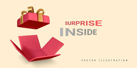 3D render and draw by mesh realistic red Gift Box on light yellow background. Surprise inside. vector illustration.のイラスト素材