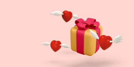 3d flying hearts with wings and gift box on a light red background. Valentine's Day design. vector illustration.のイラスト素材