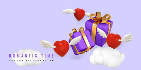 3d flying hearts with wings and gift box on a light purple background. Valentine's Day design....