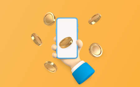 Cartoon character hand with smart phone and flying gold coins. vector illustration.のイラスト素材