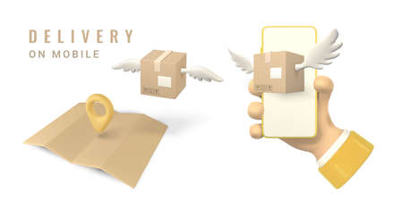3d parcels with wings fly to the point of destination from phone in hand. delivery service concept. vector illustration.のイラスト素材