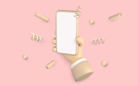 3D Cute cartoon character hand holding mobile smart phone with confetti flying around. vector...