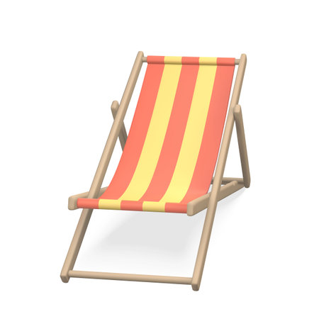 Red and yellow striped beach chair. Realistic 3D deck chair isolated on white background. summertime object. vector illustration.のイラスト素材