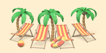 Tropical palm trees and deck chairs on the beach at the resort. Summer 3d realistic objects. vector illustration.のイラスト素材
