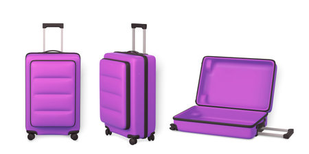3D travel trolley bag in diferent wiev. Realistic plastic suitcase. Tourism symbol isolated on white background. vector illustration.のイラスト素材