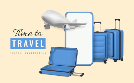 Time to travel promo banner design. Summer 3d realistic render vector objects. Mobile phone, travel trolley bag and plane. summer travel. vector illustration.のイラスト素材