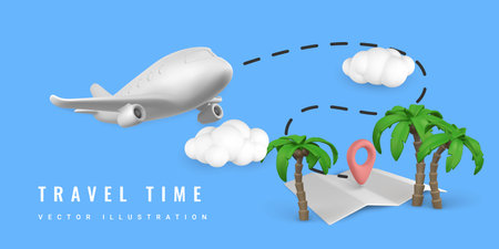 Travel time promo banner design. Summer 3d realistic render vector objects. Tropical palm tree, plane, pin point marker on map. vector illustration.のイラスト素材