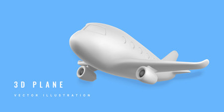 3D cartoon white plane. Realistic Jet Airplane on blue background. vector illustration.のイラスト素材