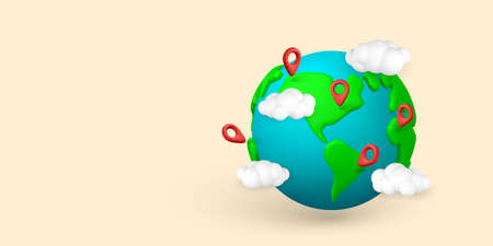 Cartoon 3d planet Earth with pin location and cloud in minimal style. vector illustration.