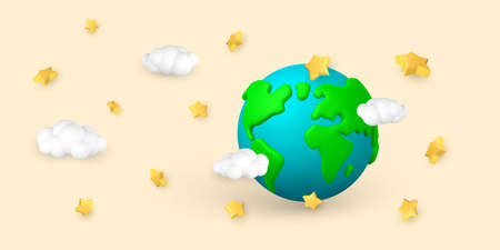 Cartoon 3d planet Earth with cloud and star in minimal style. vector illustration.のイラスト素材