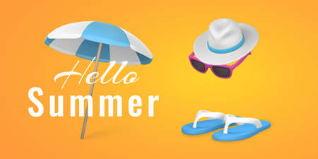 Hello summer promo banner design. Summer 3d realistic render vector objects. Sun umbrella,...