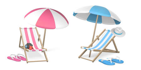Summer 3d realistic render vector objects. Sun umbrella, beach chair, camera, hat and slippers. vector illustration.のイラスト素材
