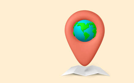 Cartoon 3d planet Earth with pin location and map in minimal style. vector illustration.のイラスト素材