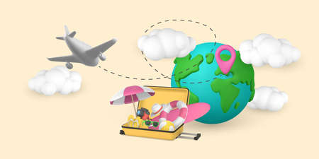 Time to travel promo banner design. Cartoon 3d open travel trolley bag with summer objects, plane, cloud and planet with pin map. summertime object. vector illustration.のイラスト素材