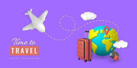 Time to travel promo banner design. 3D plane with pin location, suitcase, camera, cloud and planet Earth in minimal style. summer travel. vector illustration.のイラスト素材
