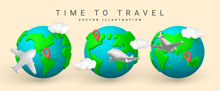 Time to travel promo banner design. Set of 3D plane with pin location, cloud and planet Earth in minimal style. summer travel. vector illustration.のイラスト素材