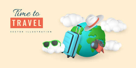 Time to travel promo banner design. Cartoon 3d planet, travel trolley bag, cloud, camera, sunglasses and hat. summertime object. vector illustration.のイラスト素材