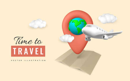 Time to travel promo banner design. 3D plane with pin location and map. summer travel. vector illustration.のイラスト素材