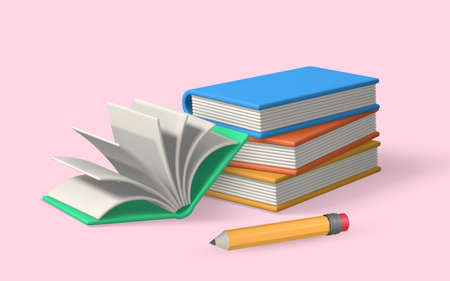Cute cartoon book and pencil. Realistic 3d school object. vector illustration.のイラスト素材