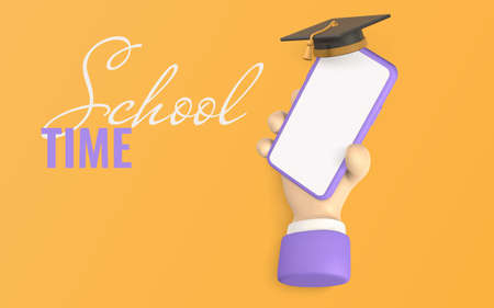 School time promo banner design. 3D Cute cartoon character hand holding mobile smart phone with graduation cap. vector illustration.のイラスト素材