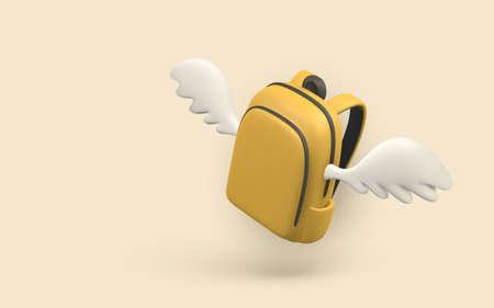 Cute cartoon yellow backpack with wings. 3d realistic school bag. Back to school concept. vector illustration.のイラスト素材