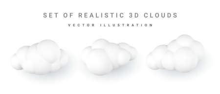3d white clouds. Set of round cartoon fluffy clouds isolated on a white background. vector illustration.のイラスト素材
