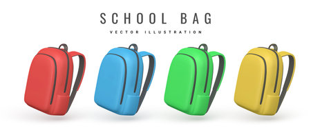 Set of cute cartoon backpacks. 3d realistic school bags. Back to school concept. vector illustration.のイラスト素材