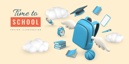 Time to school promo banner design. 3d realistic school bag with wings, book, pencil, alarm clock, graduation cap and diploma. vector illustration.のイラスト素材