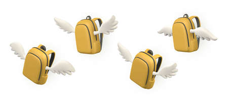 Cute cartoon yellow backpack with wings. 3d realistic school bag. Back to school concept. vector...