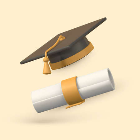 Cute cartoon graduation cap and diploma. Education, degree ceremony concept. vector illustration.のイラスト素材