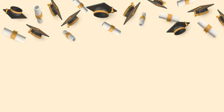 Celebration falling graduation cap and diploma. Education, degree ceremony concept. vector illustration.のイラスト素材
