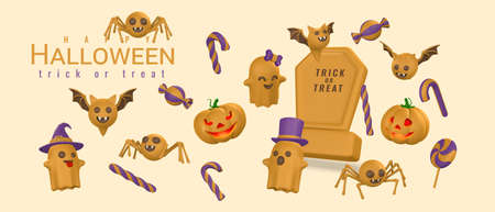 Cute cartoon 3d Halloween objects: pumpkin, ghost, tombstone, bat, spider and candy. Halloween concept. vector illustration.のイラスト素材