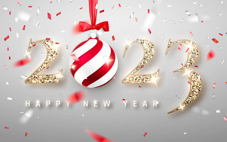 Happy New Year 2023. Gold numbers design of greeting card with falling shiny confetti, xmas ball and...