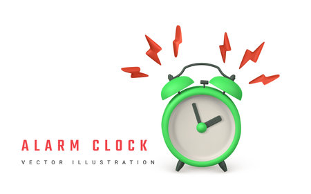 Cute cartoon alarm clock with lightning. 3d realistic table clock with shadow. vector illustration.のイラスト素材