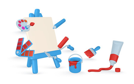 3d realistic tools for painting. Easel, paint tube, brush, roller brush, palette knife, color palette, pencil and tin of paint in cartoon style. vector illustration.のイラスト素材